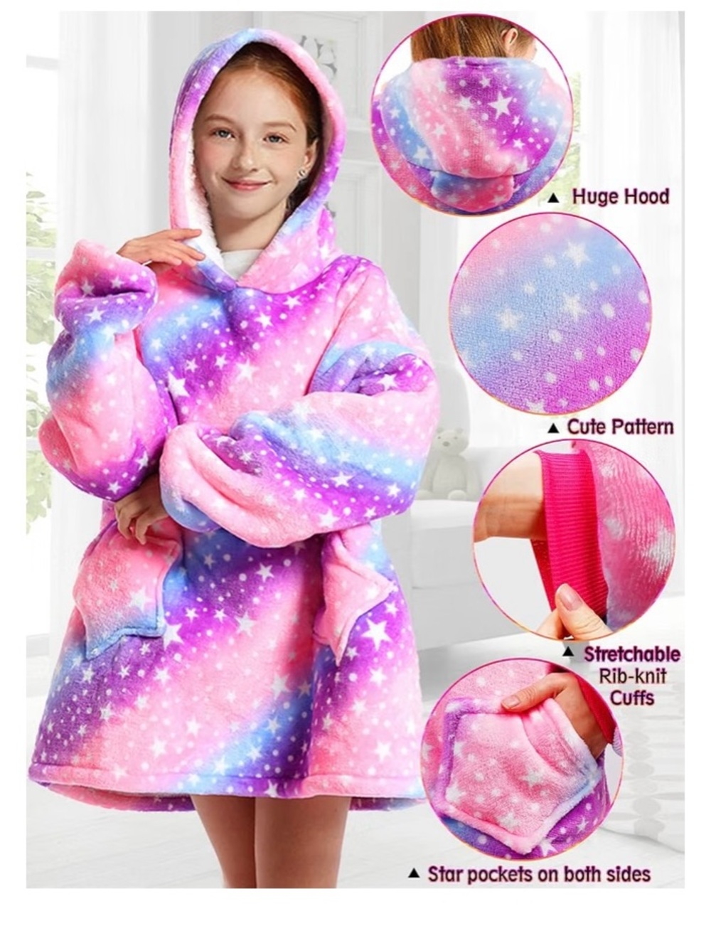 Wearable Blanket Hoodie Oversized Sweatshirt Blanket for Kids Girls Soft Fleece